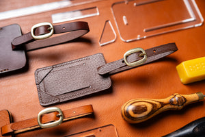 Leather luggage tags made with acrylic templates