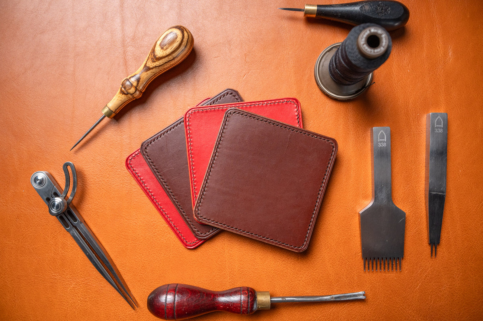 4 pack of red and chestnut handmade leather coasters