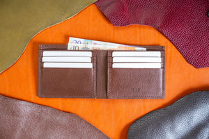 dark brown bifold leather wallet made by hand