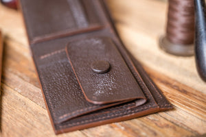 dark brown bifold leather wallet made by hand