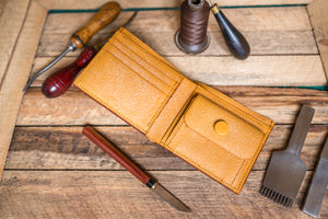 Light tan bifold wallet with coin pocket from J.H.Leather